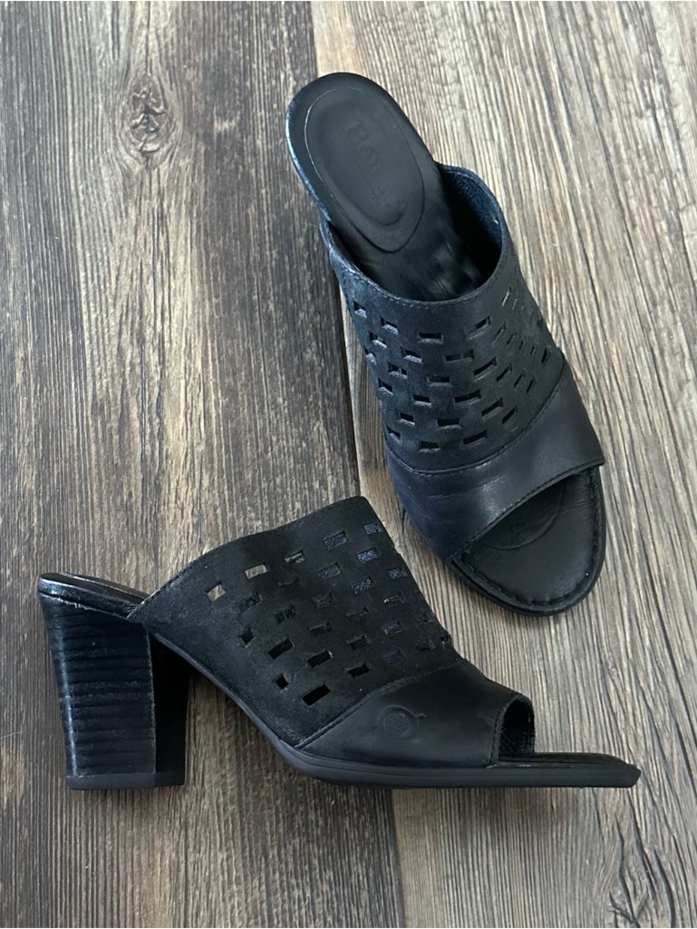 BORN black leather perforated open toe heels women’s slip on sandals size 7 M